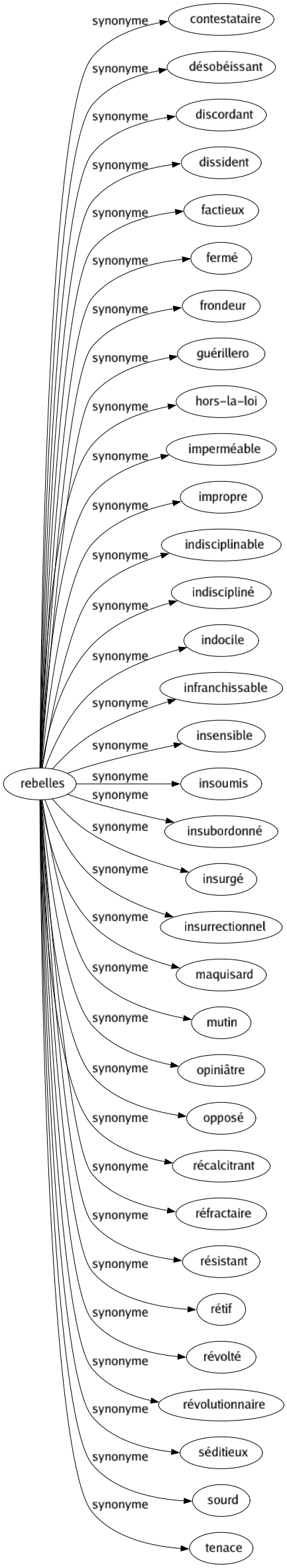 Synonyme de Rebelles : Contestataire Désobéissant Discordant Dissident Factieux Fermé Frondeur Guérillero Hors-la-loi Imperméable Impropre Indisciplinable Indiscipliné Indocile Infranchissable Insensible Insoumis Insubordonné Insurgé Insurrectionnel Maquisard Mutin Opiniâtre Opposé Récalcitrant Réfractaire Résistant Rétif Révolté Révolutionnaire Séditieux Sourd Tenace 