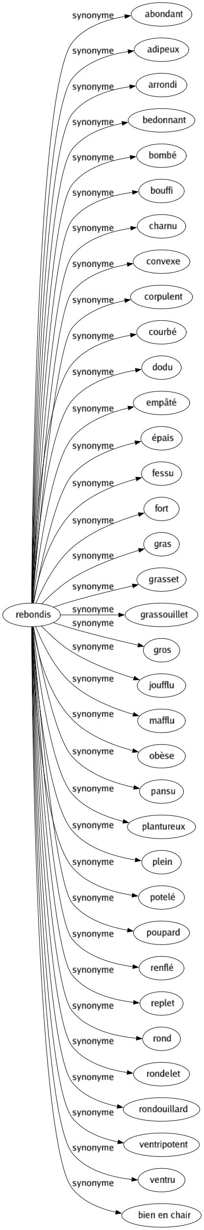 Synonyme de Rebondis : Abondant Adipeux Arrondi Bedonnant Bombé Bouffi Charnu Convexe Corpulent Courbé Dodu Empâté Épais Fessu Fort Gras Grasset Grassouillet Gros Joufflu Mafflu Obèse Pansu Plantureux Plein Potelé Poupard Renflé Replet Rond Rondelet Rondouillard Ventripotent Ventru Bien en chair 