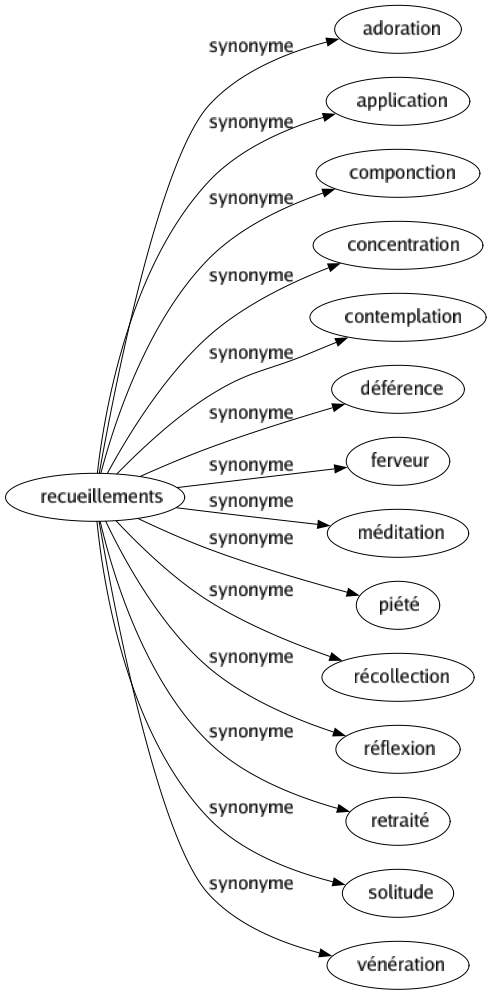 Synonyme de Recueillements : Adoration Application Componction Concentration Contemplation Déférence Ferveur Méditation Piété Récollection Réflexion Retraité Solitude Vénération 