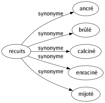 Synonyme de Recuits : Ancré Brûlé Calciné Enraciné Mijoté 