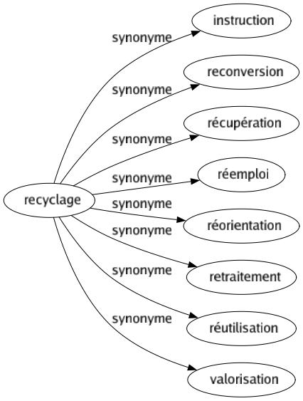 Synonyme de Recyclage : Instruction Reconversion Récupération Réemploi Réorientation Retraitement Réutilisation Valorisation 