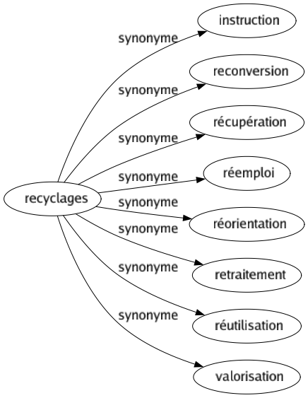 Synonyme de Recyclages : Instruction Reconversion Récupération Réemploi Réorientation Retraitement Réutilisation Valorisation 