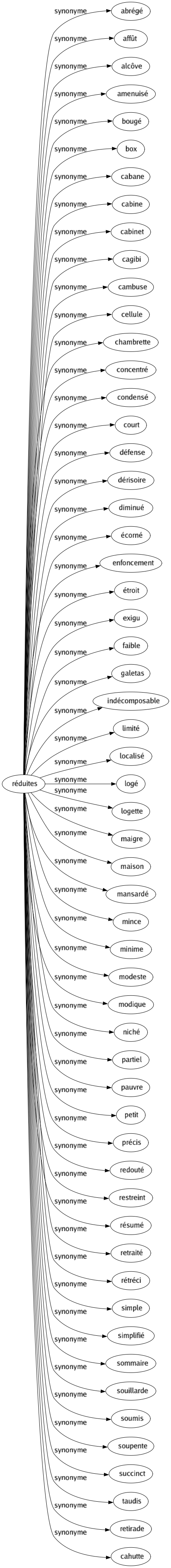 Synonyme de Réduites : Abrégé Affût Alcôve Amenuisé Bougé Box Cabane Cabine Cabinet Cagibi Cambuse Cellule Chambrette Concentré Condensé Court Défense Dérisoire Diminué Écorné Enfoncement Étroit Exigu Faible Galetas Indécomposable Limité Localisé Logé Logette Maigre Maison Mansardé Mince Minime Modeste Modique Niché Partiel Pauvre Petit Précis Redouté Restreint Résumé Retraité Rétréci Simple Simplifié Sommaire Souillarde Soumis Soupente Succinct Taudis Retirade Cahutte 