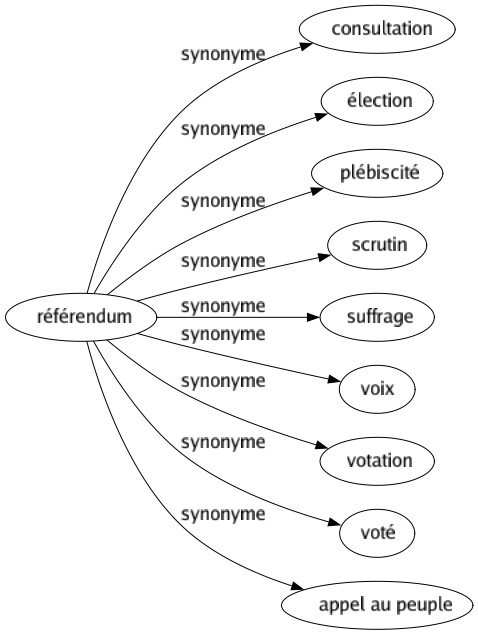 Synonyme de Référendum : Consultation Élection Plébiscité Scrutin Suffrage Voix Votation Voté Appel au peuple 