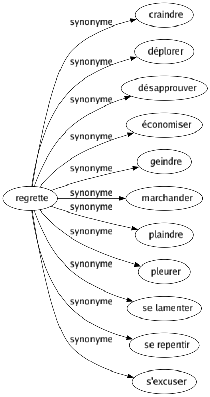 Synonyme de Regrette : Craindre Déplorer Désapprouver Économiser Geindre Marchander Plaindre Pleurer Se lamenter Se repentir S'excuser 