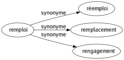 Synonyme de Remploi : Réemploi Remplacement Rengagement 