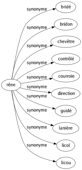 Synonyme de Rêne : Bridé Bridon Chevêtre Contrôlé Courroie Direction Guidé Lanière Licol Licou 