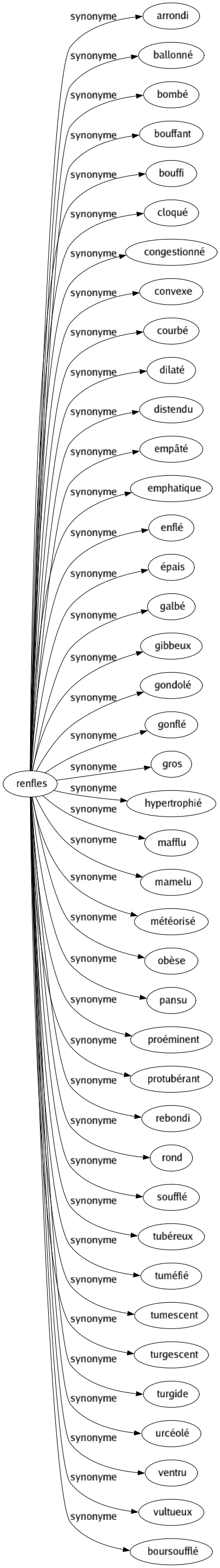 Synonyme de Renfles : Arrondi Ballonné Bombé Bouffant Bouffi Cloqué Congestionné Convexe Courbé Dilaté Distendu Empâté Emphatique Enflé Épais Galbé Gibbeux Gondolé Gonflé Gros Hypertrophié Mafflu Mamelu Météorisé Obèse Pansu Proéminent Protubérant Rebondi Rond Soufflé Tubéreux Tuméfié Tumescent Turgescent Turgide Urcéolé Ventru Vultueux Boursoufflé 