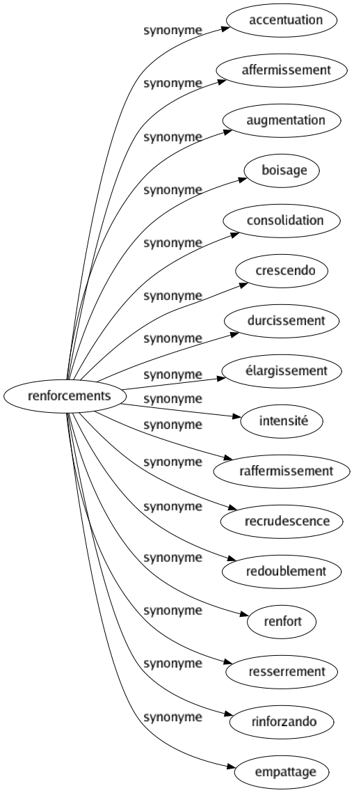 Synonyme de Renforcements : Accentuation Affermissement Augmentation Boisage Consolidation Crescendo Durcissement Élargissement Intensité Raffermissement Recrudescence Redoublement Renfort Resserrement Rinforzando Empattage 