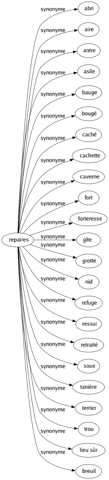 Synonyme de Repaires : Abri Aire Antre Asile Bauge Bougé Caché Cachette Caverne Fort Forteresse Gîte Grotte Nid Refuge Ressui Retraité Soue Tanière Terrier Trou Lieu sûr Breuil 