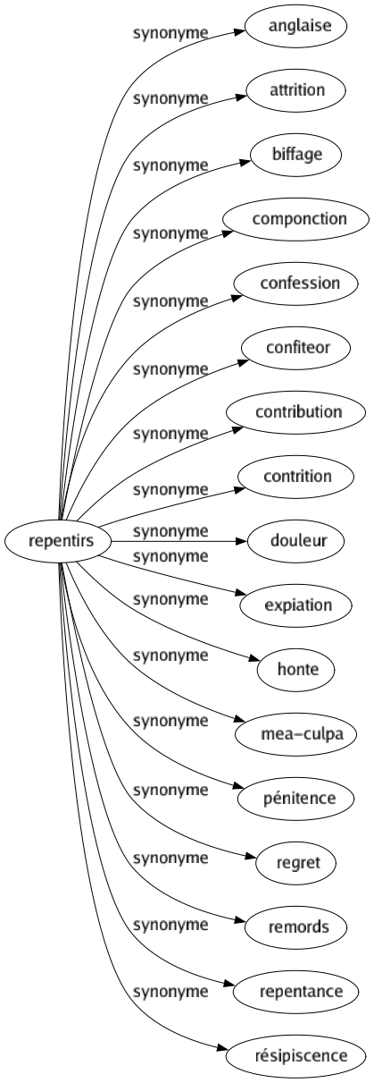 Synonyme de Repentirs : Anglaise Attrition Biffage Componction Confession Confiteor Contribution Contrition Douleur Expiation Honte Mea-culpa Pénitence Regret Remords Repentance Résipiscence 