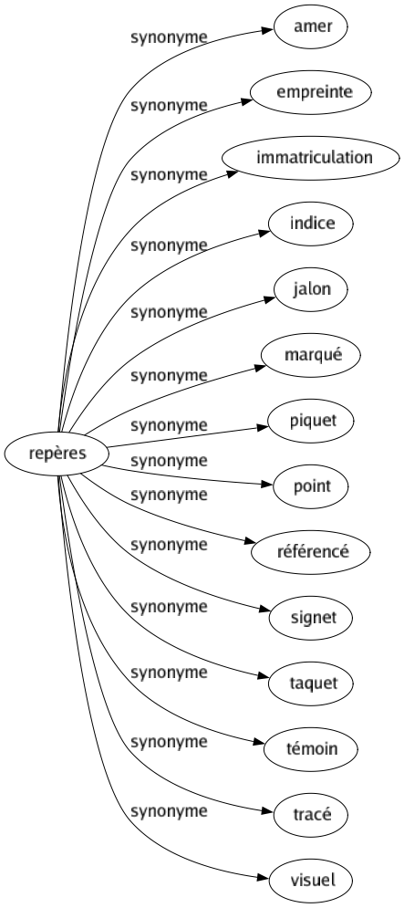 Synonyme de Repères : Amer Empreinte Immatriculation Indice Jalon Marqué Piquet Point Référencé Signet Taquet Témoin Tracé Visuel 