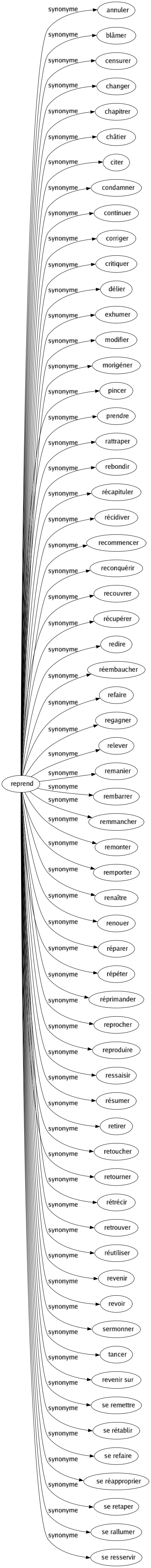 Synonyme de Reprend : Annuler Blâmer Censurer Changer Chapitrer Châtier Citer Condamner Continuer Corriger Critiquer Délier Exhumer Modifier Morigéner Pincer Prendre Rattraper Rebondir Récapituler Récidiver Recommencer Reconquérir Recouvrer Récupérer Redire Réembaucher Refaire Regagner Relever Remanier Rembarrer Remmancher Remonter Remporter Renaître Renouer Réparer Répéter Réprimander Reprocher Reproduire Ressaisir Résumer Retirer Retoucher Retourner Rétrécir Retrouver Réutiliser Revenir Revoir Sermonner Tancer Revenir sur Se remettre Se rétablir Se refaire Se réapproprier Se retaper Se rallumer Se resservir 