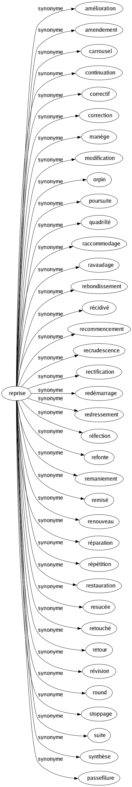 Synonyme de Reprise : Amélioration Amendement Carrousel Continuation Correctif Correction Manège Modification Orpin Poursuite Quadrillé Raccommodage Ravaudage Rebondissement Récidivé Recommencement Recrudescence Rectification Redémarrage Redressement Réfection Refonte Remaniement Remisé Renouveau Réparation Répétition Restauration Resucée Retouché Retour Révision Round Stoppage Suite Synthèse Passefilure 