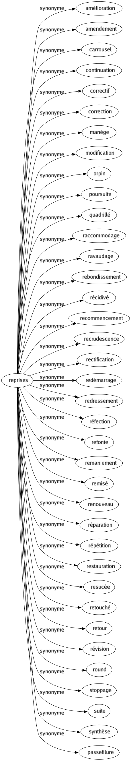 Synonyme de Reprises : Amélioration Amendement Carrousel Continuation Correctif Correction Manège Modification Orpin Poursuite Quadrillé Raccommodage Ravaudage Rebondissement Récidivé Recommencement Recrudescence Rectification Redémarrage Redressement Réfection Refonte Remaniement Remisé Renouveau Réparation Répétition Restauration Resucée Retouché Retour Révision Round Stoppage Suite Synthèse Passefilure 