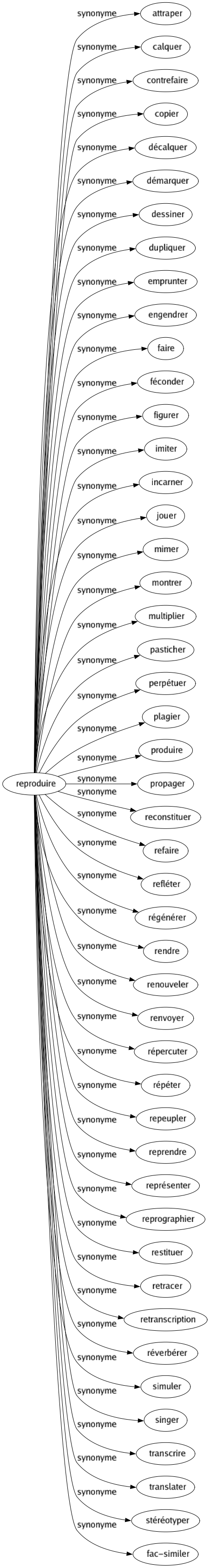 Synonyme de Reproduire : Attraper Calquer Contrefaire Copier Décalquer Démarquer Dessiner Dupliquer Emprunter Engendrer Faire Féconder Figurer Imiter Incarner Jouer Mimer Montrer Multiplier Pasticher Perpétuer Plagier Produire Propager Reconstituer Refaire Refléter Régénérer Rendre Renouveler Renvoyer Répercuter Répéter Repeupler Reprendre Représenter Reprographier Restituer Retracer Retranscription Réverbérer Simuler Singer Transcrire Translater Stéréotyper Fac-similer 