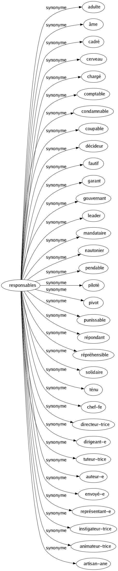 Synonyme de Responsables : Adulte Âme Cadré Cerveau Chargé Comptable Condamnable Coupable Décideur Fautif Garant Gouvernant Leader Mandataire Nautonier Pendable Piloté Pivot Punissable Répondant Répréhensible Solidaire Ténu Chef-fe Directeur-trice Dirigeant-e Tuteur-trice Auteur-e Envoyé-e Représentant-e Instigateur-trice Animateur-trice Artisan-ane 