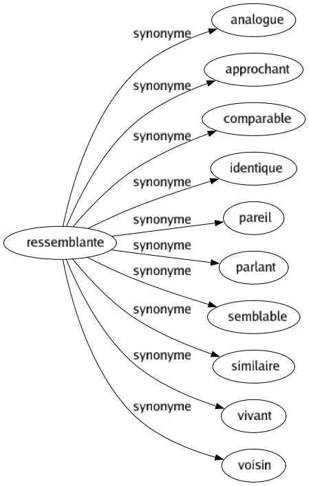 Synonyme de Ressemblante : Analogue Approchant Comparable Identique Pareil Parlant Semblable Similaire Vivant Voisin 