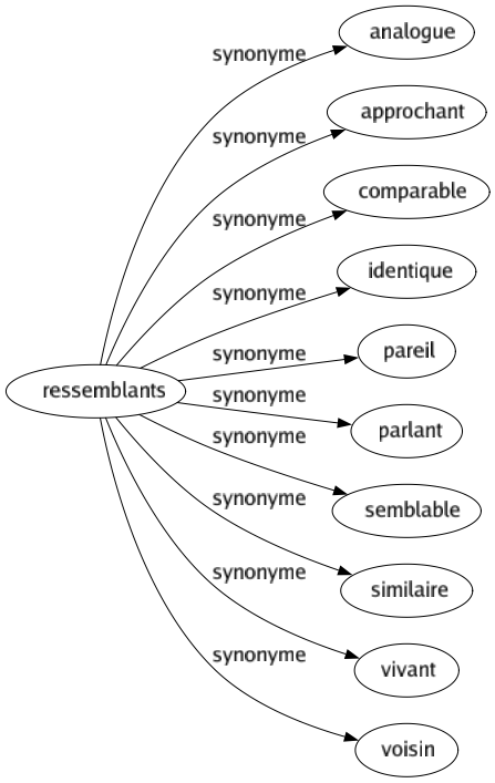 Synonyme de Ressemblants : Analogue Approchant Comparable Identique Pareil Parlant Semblable Similaire Vivant Voisin 