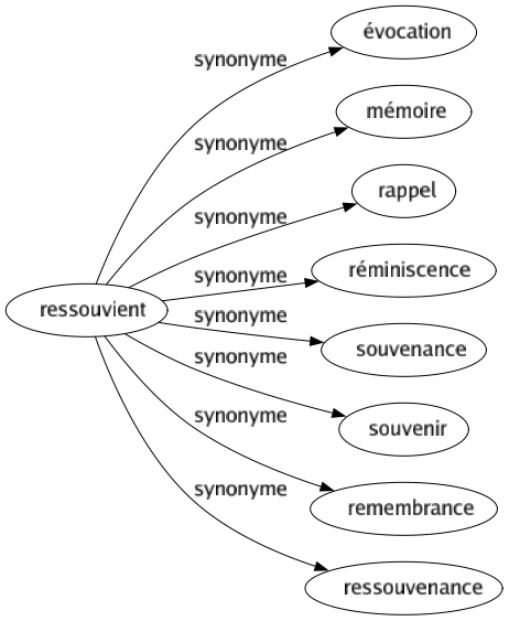 Synonyme de Ressouvient : Évocation Mémoire Rappel Réminiscence Souvenance Souvenir Remembrance Ressouvenance 