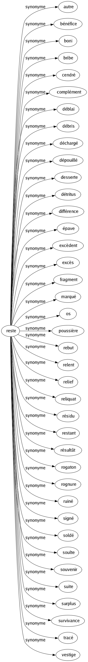 Synonyme de Reste : Autre Bénéfice Boni Bribe Cendré Complément Déblai Débris Déchargé Dépouillé Desserte Détritus Différence Épave Excèdent Excès Fragment Marqué Os Poussière Rebut Relent Relief Reliquat Résidu Restant Résultât Rogaton Rognure Ruiné Signé Soldé Soulte Souvenir Suite Surplus Survivance Tracé Vestige 