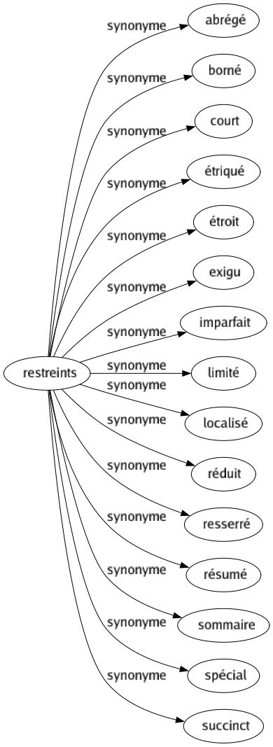 Synonyme de Restreints : Abrégé Borné Court Étriqué Étroit Exigu Imparfait Limité Localisé Réduit Resserré Résumé Sommaire Spécial Succinct 