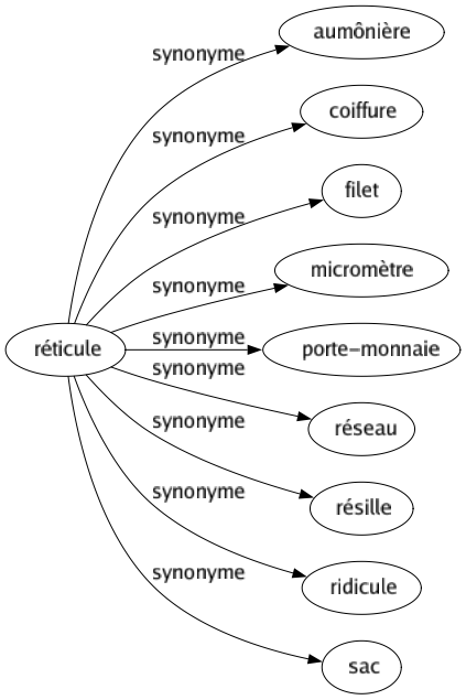 Synonyme de Réticule : Aumônière Coiffure Filet Micromètre Porte-monnaie Réseau Résille Ridicule Sac 