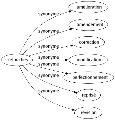 Synonyme de Retouches : Amélioration Amendement Correction Modification Perfectionnement Reprisé Révision 