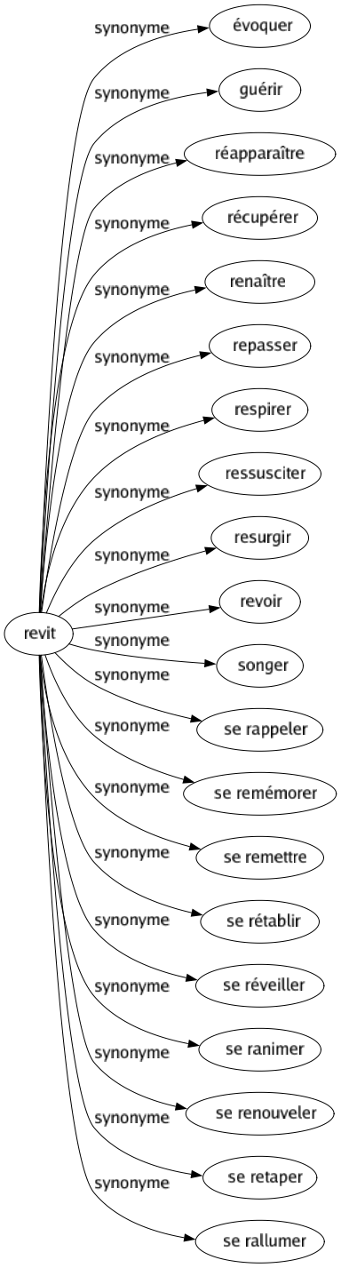 Synonyme de Revit : Évoquer Guérir Réapparaître Récupérer Renaître Repasser Respirer Ressusciter Resurgir Revoir Songer Se rappeler Se remémorer Se remettre Se rétablir Se réveiller Se ranimer Se renouveler Se retaper Se rallumer 