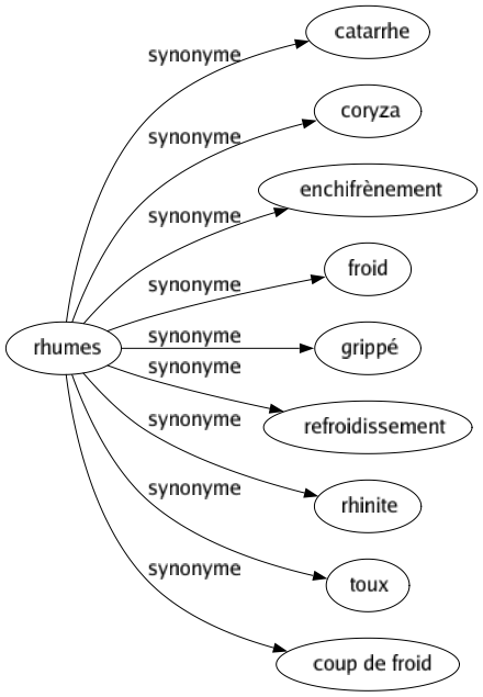 Synonyme de Rhumes : Catarrhe Coryza Enchifrènement Froid Grippé Refroidissement Rhinite Toux Coup de froid 