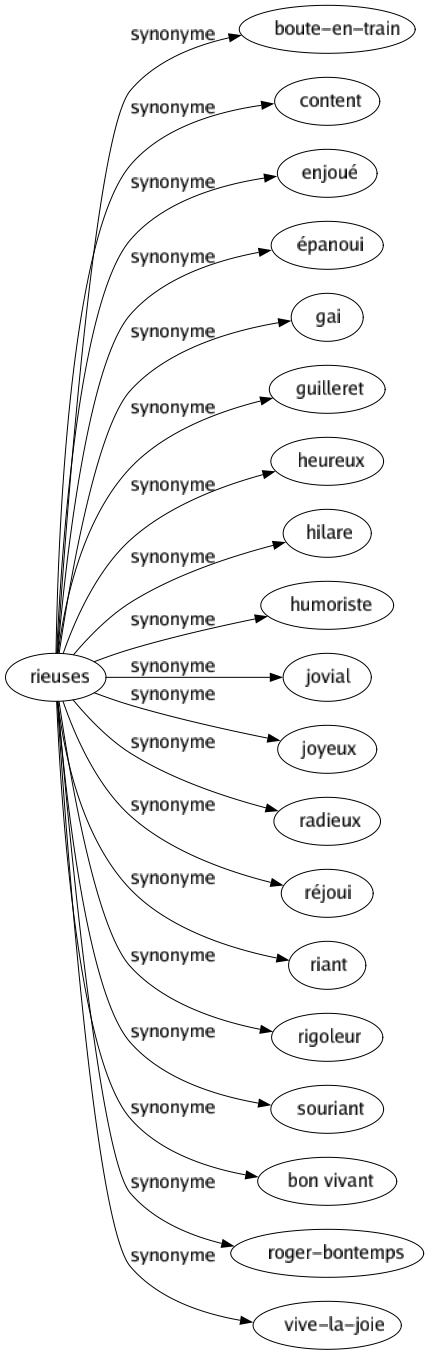 Synonyme de Rieuses : Boute-en-train Content Enjoué Épanoui Gai Guilleret Heureux Hilare Humoriste Jovial Joyeux Radieux Réjoui Riant Rigoleur Souriant Bon vivant Roger-bontemps Vive-la-joie 