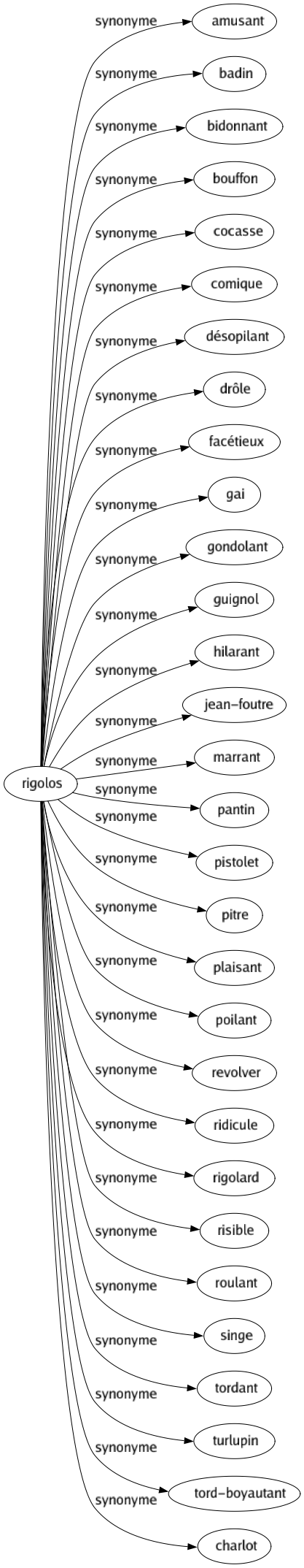 Synonyme de Rigolos : Amusant Badin Bidonnant Bouffon Cocasse Comique Désopilant Drôle Facétieux Gai Gondolant Guignol Hilarant Jean-foutre Marrant Pantin Pistolet Pitre Plaisant Poilant Revolver Ridicule Rigolard Risible Roulant Singe Tordant Turlupin Tord-boyautant Charlot 