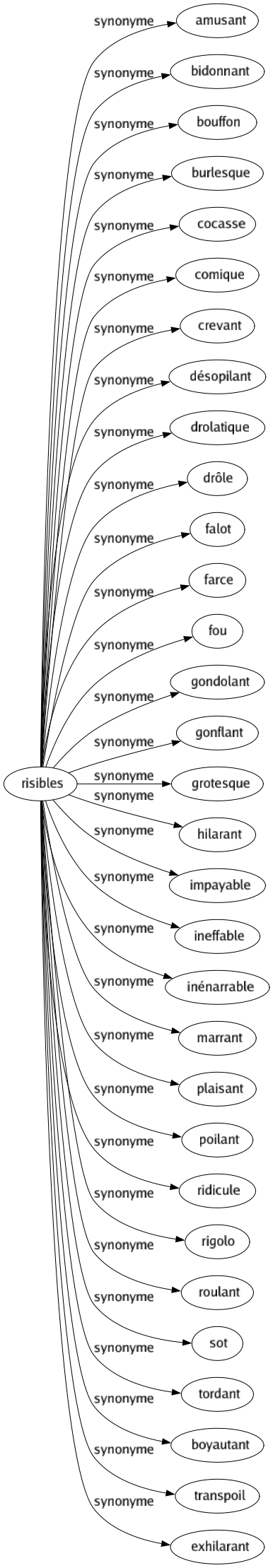 Synonyme de Risibles : Amusant Bidonnant Bouffon Burlesque Cocasse Comique Crevant Désopilant Drolatique Drôle Falot Farce Fou Gondolant Gonflant Grotesque Hilarant Impayable Ineffable Inénarrable Marrant Plaisant Poilant Ridicule Rigolo Roulant Sot Tordant Boyautant Transpoil Exhilarant 