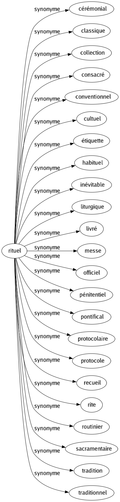 Synonyme de Rituel : Cérémonial Classique Collection Consacré Conventionnel Cultuel Étiquette Habituel Inévitable Liturgique Livré Messe Officiel Pénitentiel Pontifical Protocolaire Protocole Recueil Rite Routinier Sacramentaire Tradition Traditionnel 