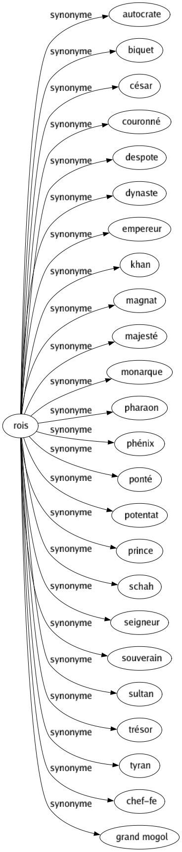 Synonyme de Rois : Autocrate Biquet César Couronné Despote Dynaste Empereur Khan Magnat Majesté Monarque Pharaon Phénix Ponté Potentat Prince Schah Seigneur Souverain Sultan Trésor Tyran Chef-fe Grand mogol 