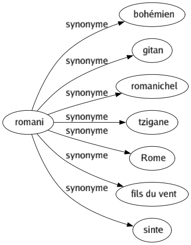 Synonyme de Romani : Bohémien Gitan Romanichel Tzigane Rome Fils du vent Sinte 