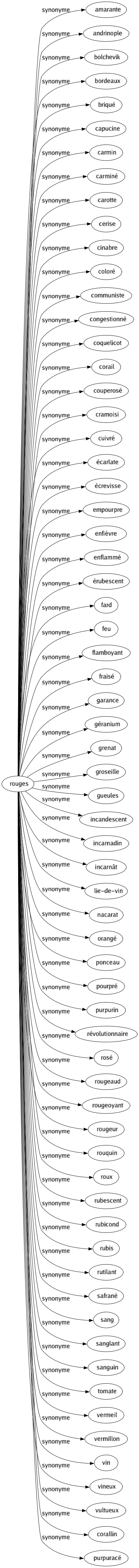 Synonyme de Rouges : Amarante Andrinople Bolchevik Bordeaux Briqué Capucine Carmin Carminé Carotte Cerise Cinabre Coloré Communiste Congestionné Coquelicot Corail Couperosé Cramoisi Cuivré Écarlate Écrevisse Empourpre Enfièvre Enflammé Érubescent Fard Feu Flamboyant Fraisé Garance Géranium Grenat Groseille Gueules Incandescent Incarnadin Incarnât Lie-de-vin Nacarat Orangé Ponceau Pourpré Purpurin Révolutionnaire Rosé Rougeaud Rougeoyant Rougeur Rouquin Roux Rubescent Rubicond Rubis Rutilant Safrané Sang Sanglant Sanguin Tomate Vermeil Vermillon Vin Vineux Vultueux Corallin Purpuracé 