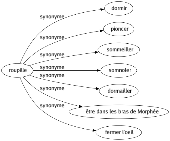 Synonyme de Roupille : Dormir Pioncer Sommeiller Somnoler Dormailler Être dans les bras de morphée Fermer l'oeil 