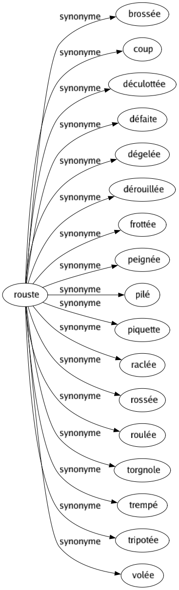 Synonyme de Rouste : Brossée Coup Déculottée Défaite Dégelée Dérouillée Frottée Peignée Pilé Piquette Raclée Rossée Roulée Torgnole Trempé Tripotée Volée 