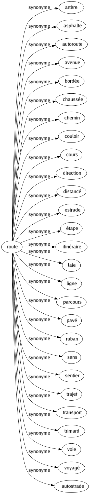 Synonyme de Route : Artère Asphalte Autoroute Avenue Bordée Chaussée Chemin Couloir Cours Direction Distancé Estrade Étape Itinéraire Laie Ligne Parcours Pavé Ruban Sens Sentier Trajet Transport Trimard Voie Voyagé Autostrade 