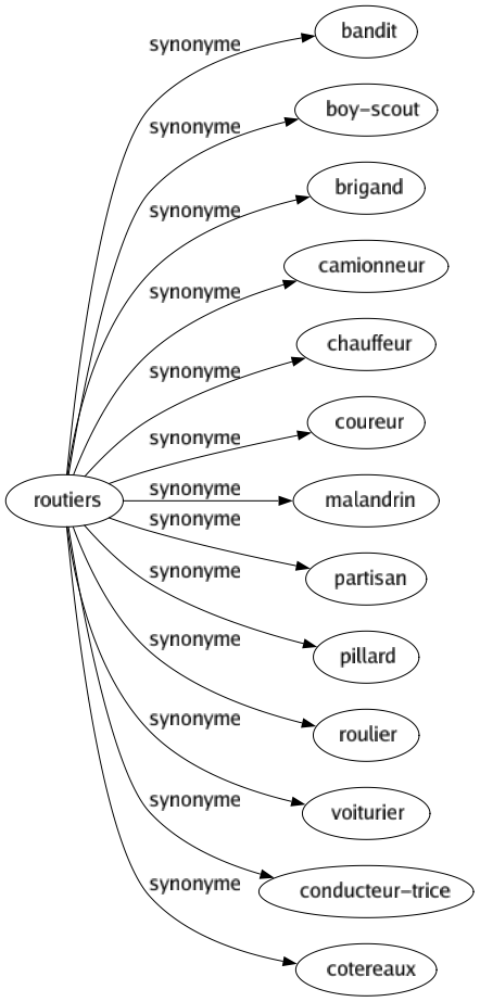 Synonyme de Routiers : Bandit Boy-scout Brigand Camionneur Chauffeur Coureur Malandrin Partisan Pillard Roulier Voiturier Conducteur-trice Cotereaux 