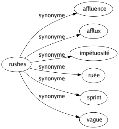 Synonyme de Rushes : Affluence Afflux Impétuosité Ruée Sprint Vague 