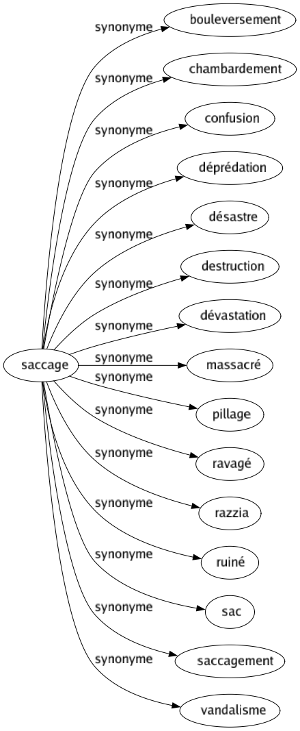 Synonyme de Saccage : Bouleversement Chambardement Confusion Déprédation Désastre Destruction Dévastation Massacré Pillage Ravagé Razzia Ruiné Sac Saccagement Vandalisme 