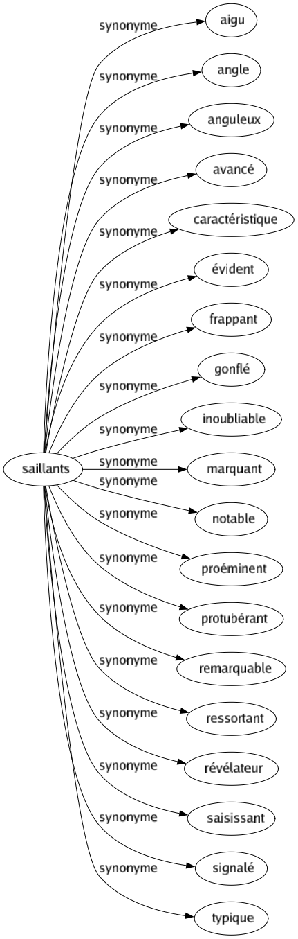 Synonyme de Saillants : Aigu Angle Anguleux Avancé Caractéristique Évident Frappant Gonflé Inoubliable Marquant Notable Proéminent Protubérant Remarquable Ressortant Révélateur Saisissant Signalé Typique 