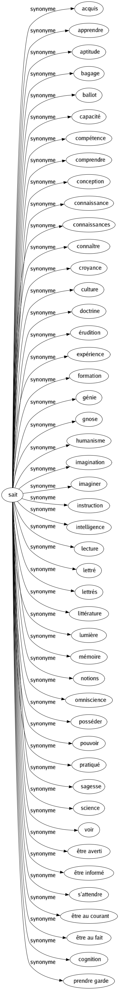 Synonyme de Sait : Acquis Apprendre Aptitude Bagage Ballot Capacité Compétence Comprendre Conception Connaissance Connaissances Connaître Croyance Culture Doctrine Érudition Expérience Formation Génie Gnose Humanisme Imagination Imaginer Instruction Intelligence Lecture Lettré Lettrés Littérature Lumière Mémoire Notions Omniscience Posséder Pouvoir Pratiqué Sagesse Science Voir Être averti Être informé S'attendre Être au courant Être au fait Cognition Prendre garde 