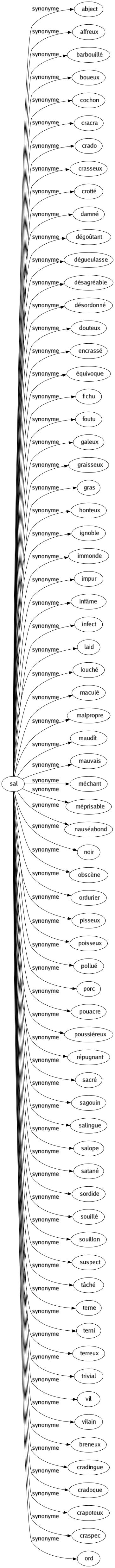 Synonyme de Sal : Abject Affreux Barbouillé Boueux Cochon Cracra Crado Crasseux Crotté Damné Dégoûtant Dégueulasse Désagréable Désordonné Douteux Encrassé Équivoque Fichu Foutu Galeux Graisseux Gras Honteux Ignoble Immonde Impur Infâme Infect Laid Louché Maculé Malpropre Maudît Mauvais Méchant Méprisable Nauséabond Noir Obscène Ordurier Pisseux Poisseux Pollué Porc Pouacre Poussiéreux Répugnant Sacré Sagouin Salingue Salope Satané Sordide Souillé Souillon Suspect Tâché Terne Terni Terreux Trivial Vil Vilain Breneux Cradingue Cradoque Crapoteux Craspec Ord 