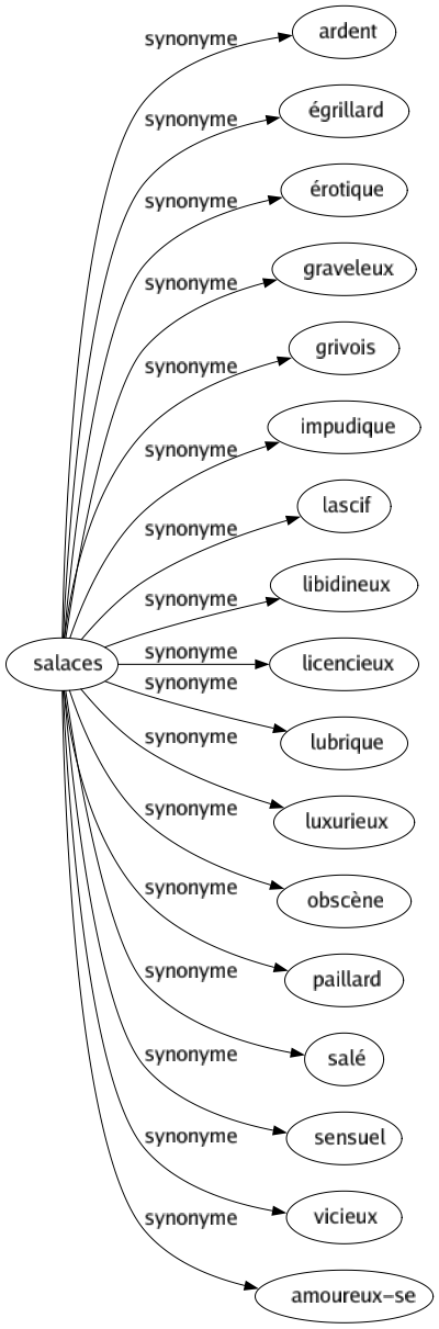 Synonyme de Salaces : Ardent Égrillard Érotique Graveleux Grivois Impudique Lascif Libidineux Licencieux Lubrique Luxurieux Obscène Paillard Salé Sensuel Vicieux Amoureux-se 