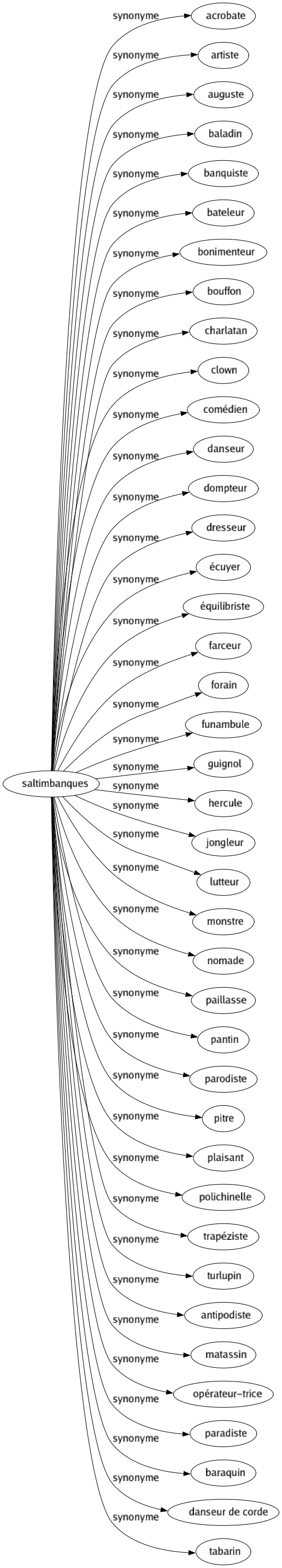 Synonyme de Saltimbanques : Acrobate Artiste Auguste Baladin Banquiste Bateleur Bonimenteur Bouffon Charlatan Clown Comédien Danseur Dompteur Dresseur Écuyer Équilibriste Farceur Forain Funambule Guignol Hercule Jongleur Lutteur Monstre Nomade Paillasse Pantin Parodiste Pitre Plaisant Polichinelle Trapéziste Turlupin Antipodiste Matassin Opérateur-trice Paradiste Baraquin Danseur de corde Tabarin 