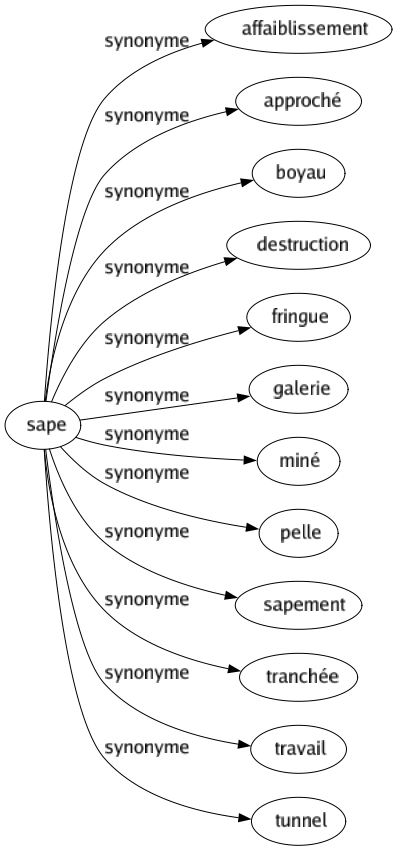 Synonyme de Sape : Affaiblissement Approché Boyau Destruction Fringue Galerie Miné Pelle Sapement Tranchée Travail Tunnel 