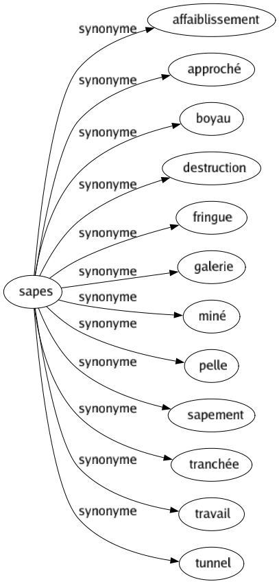 Synonyme de Sapes : Affaiblissement Approché Boyau Destruction Fringue Galerie Miné Pelle Sapement Tranchée Travail Tunnel 